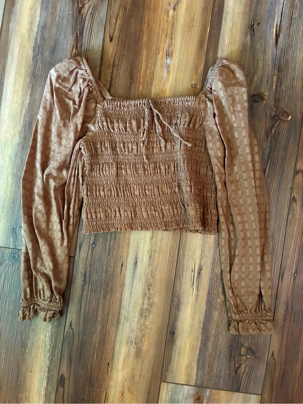 Smocked Square-Neck Long Sleeve Crop Top - Brown
